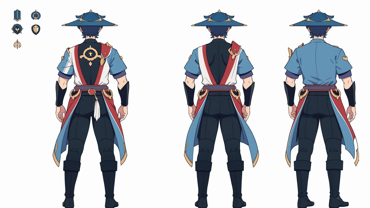 (Wanderer)Thin, fit, 1boy, solo, male focus, looking at viewer, upper body, hair, realistic, hat, (character design sheet, same character full body, front, side, back), Illustration, environment change, pose (simple background, white background: 1.3) ,--6
