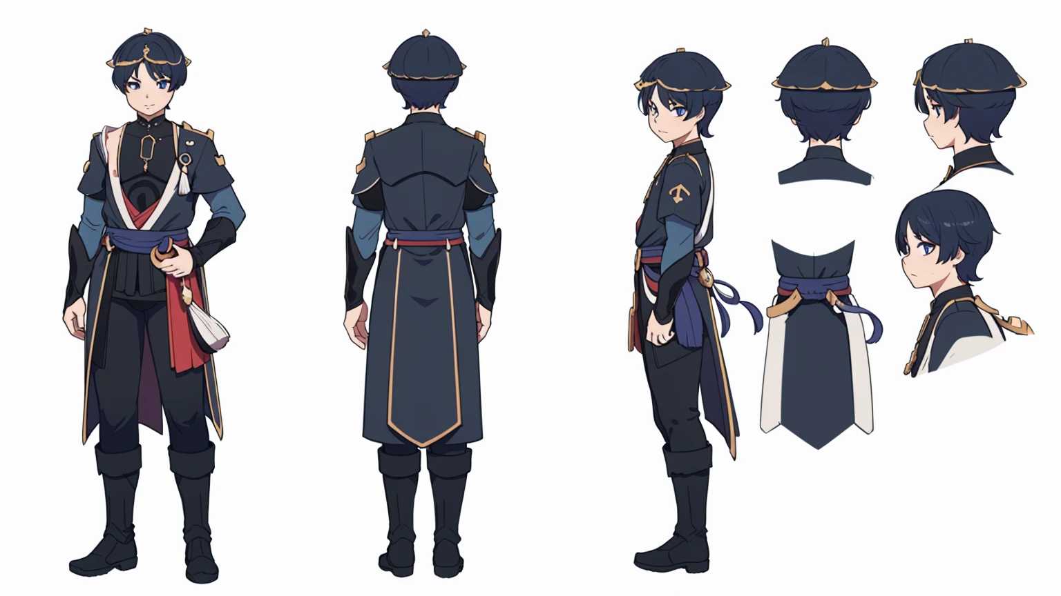 (Wanderer)Thin, fit, 1boy, solo, male focus, looking at viewer, upper body, hair, realistic, hat, (character design sheet, same character full body, front, side, back), Illustration, environment change, pose (simple background, white background: 1.3) ,--6