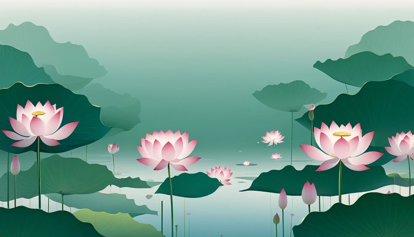 vector,Flat form,illustration,The Minimalists,数字艺术illustration,Pink hue,Abstract,artistic conception,Blooming,Lotus Pond,A lot of white space in the center of the screen;Huge lotus flowers。