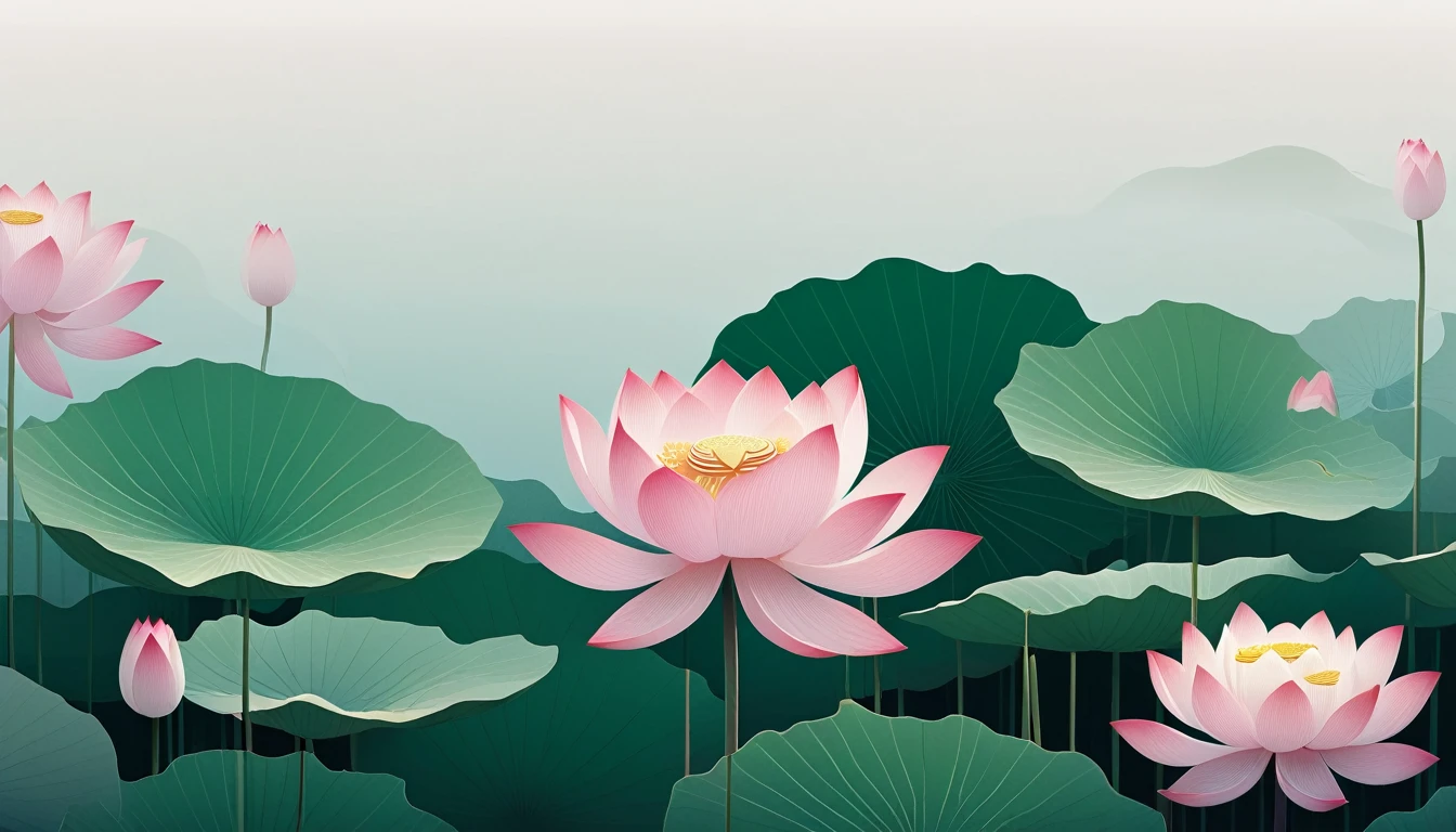 vector,Flat form,illustration,The Minimalists,数字艺术illustration,Pink hue,Abstract,artistic conception,Blooming,Lotus Pond,A lot of white space in the center of the screen;Huge lotus flowers。