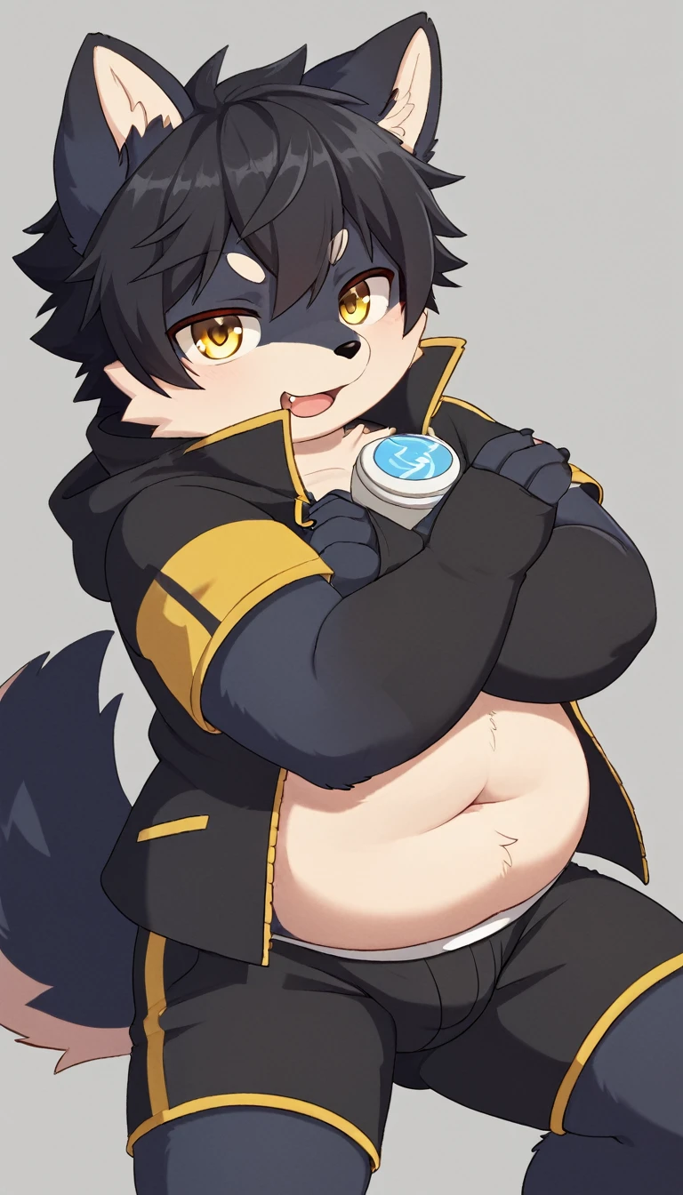 A shota wolf have chubby body with black fur no hair and dark yellow colour eyes, wear a student uniform with Blue fur coat