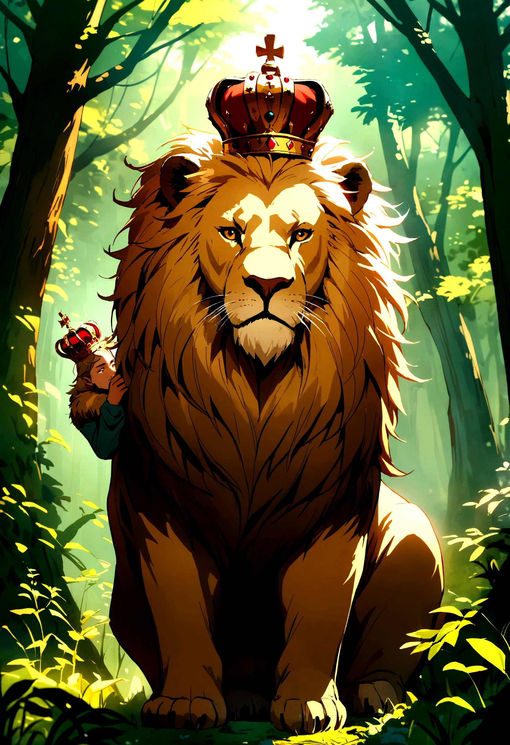Man carrying a male lion wearing a crown in the middle of the forest