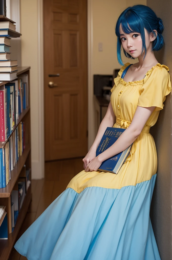 I want a photo of an emotion from the movie playfully blue haired yellow dress holding books