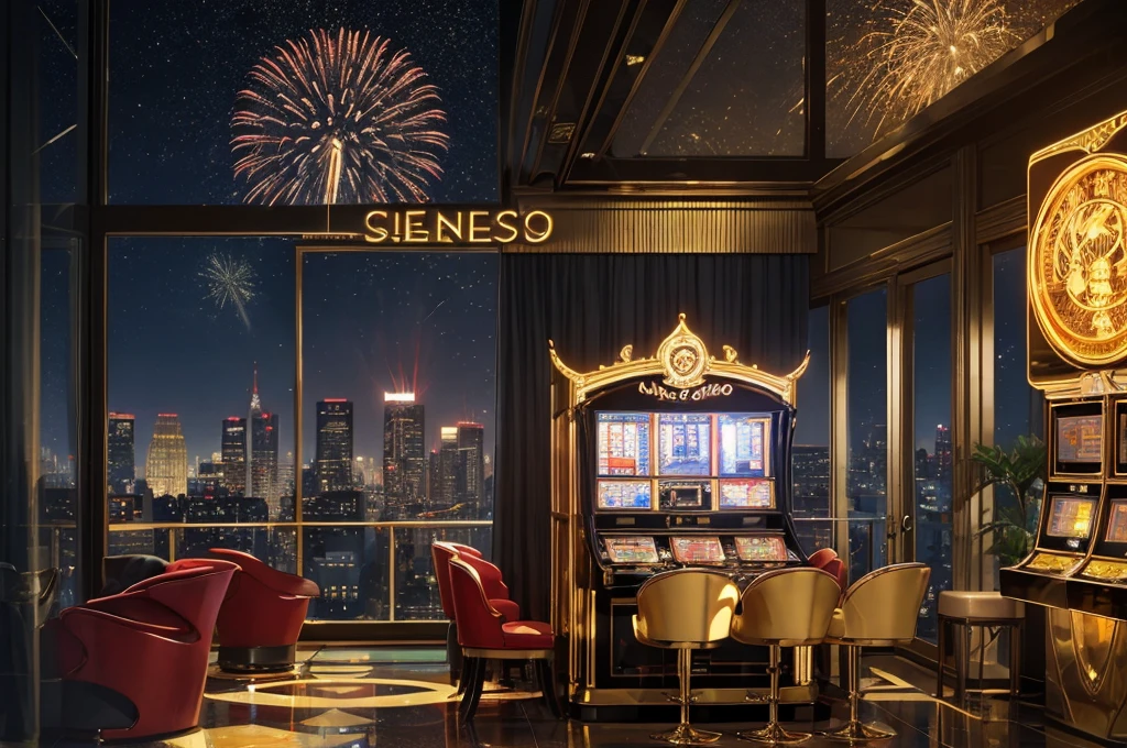 gold casino, night, downtown, HDR, 4k resolution, gold moon, firework, modern architecture, slot machine, indoor, gold light
