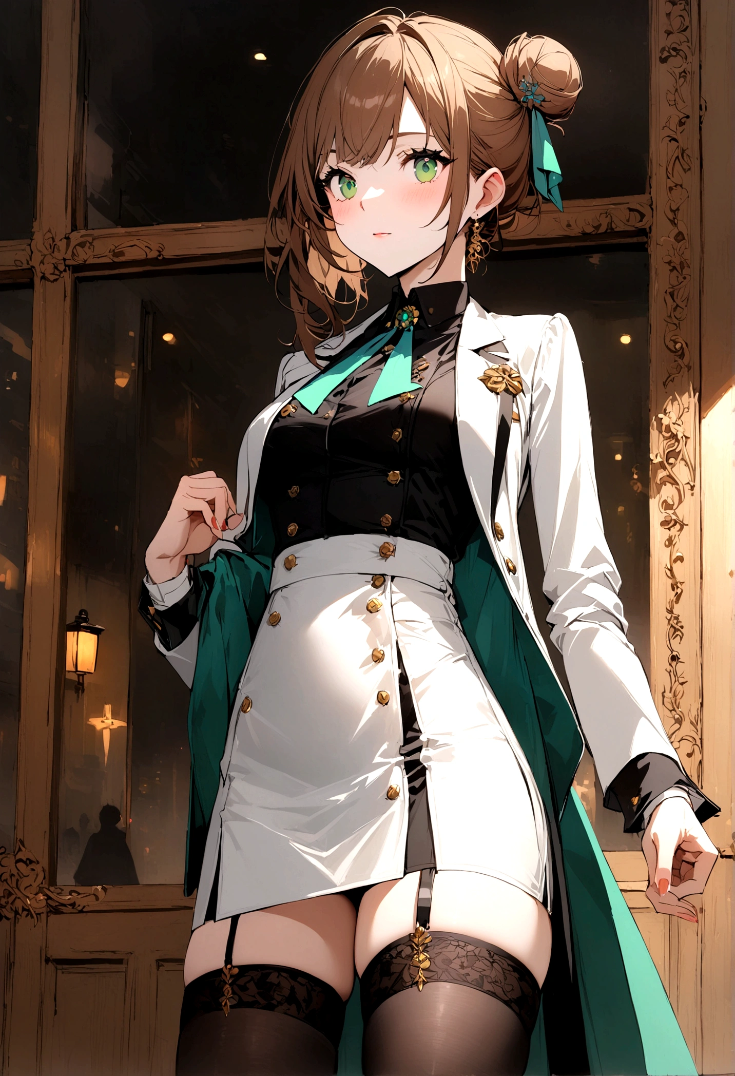 Girl, brown hair, green eyes, small side bun near top of head, skirt, thigh highs, refined eloquent modern day business