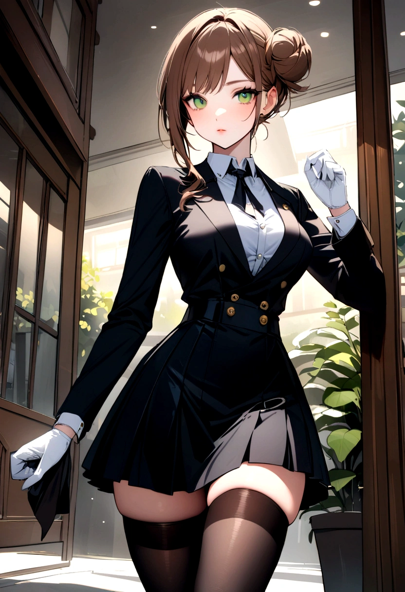 Girl, brown hair, green eyes, small side bun near top of head, skirt, thigh highs, refined eloquent modern day business