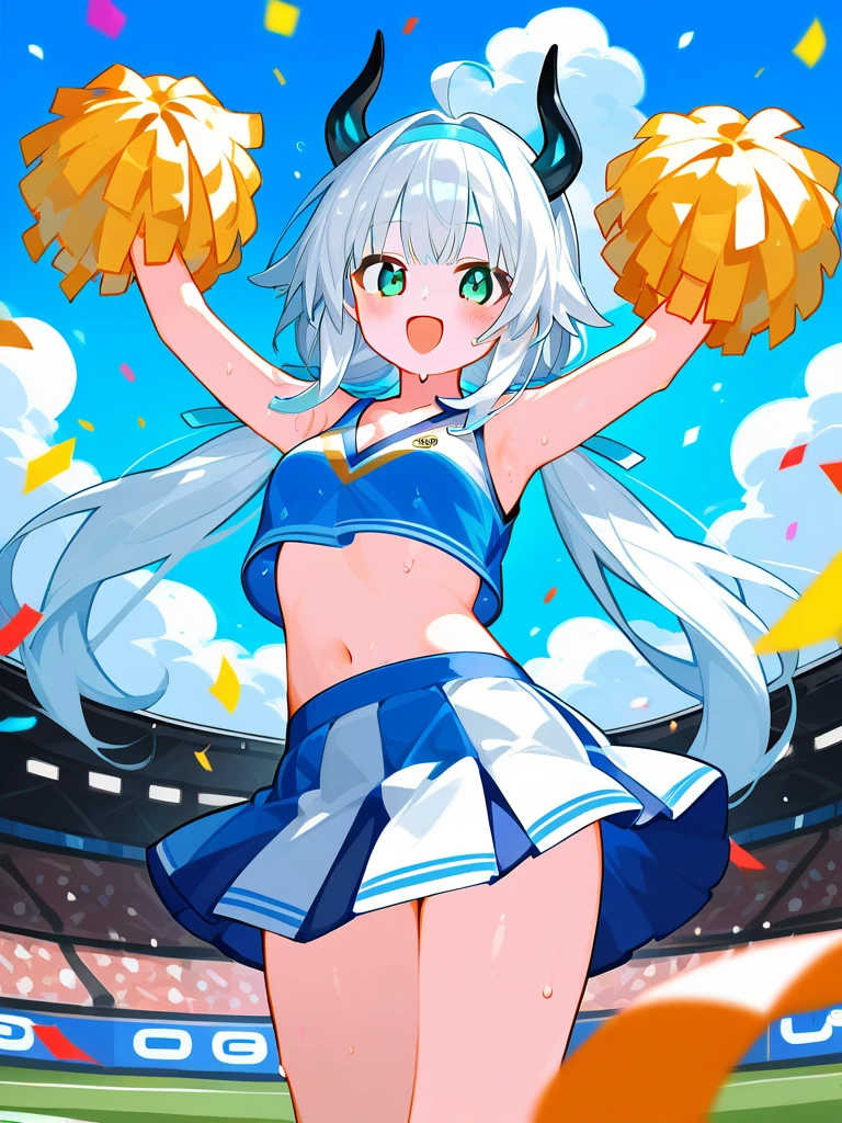 Super detailed,(Highest quality),((masterpiece)),(High resolution),original,very,Nirou,One girl,skirt,Pom-pom (cheer leading),alone,chest,belly button,Underarm,Cheerleader,Stomach,smile,Raise your arms,View your viewers,Holding Pom-poms,Outdoor,Crop top,:d,Open your mouth,pleated skirt,Stadium,white skirt,Day,Holding,abdomen,medium chest,null,chestの谷間,blush,blue null,Aqua Eye,Cowboy Shot,miniskirt,No sleeve,Very long hair,Bare arms,Confetti,Alternative costume,Bare shoulders,hair band,cloud,shirt,Day光,Thighs,white hair band,Low twin tails,horn,Are standing,Sweat,No sleeve shirt,