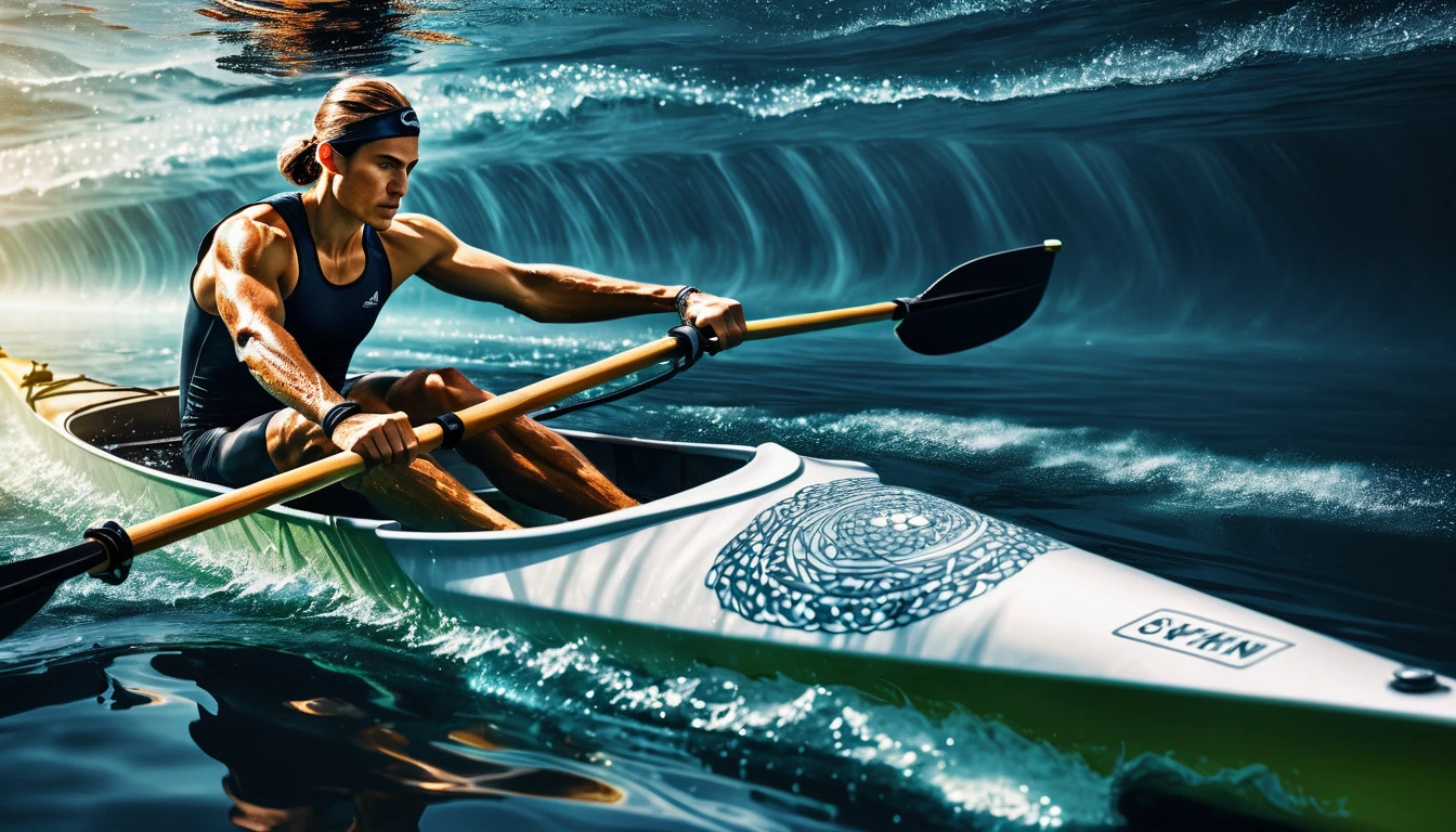 photoillustration of under exposure, an ancient Olympic athletes kayak rowing((rowing 1.8)), rowing a kayak, seamless, texture and pattern, water splash, iconic rowing stance, dramatic shadows, dramatic lights, interlacing elements, side view, fantasy art, two tones, digital manipulated photo art, hyper-realistic, ultra-detailed, crisp clarity, high-contrast, luminous ambiance, rich textures, intricate patterns, vivid colors, cinematic lighting, photo realistic, accurate anatomical proportions, light background, water splash