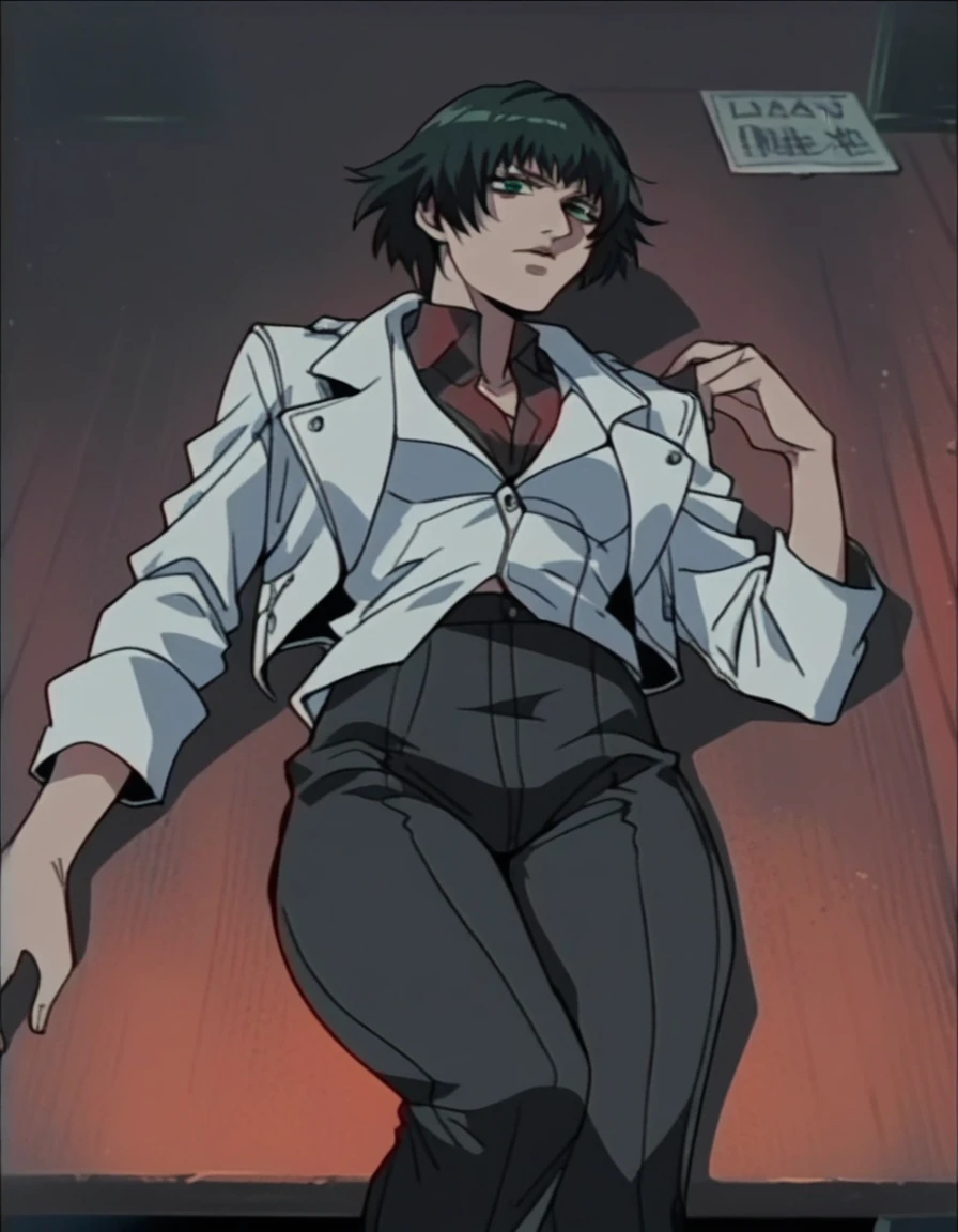 (best quality:1.2), lady (from devil may cry 5:1.1), perfect face, white jacket, black pants, green eyes, lying on the table, in a dark agency background, devil may cry red sign , night, alone, dark wall
