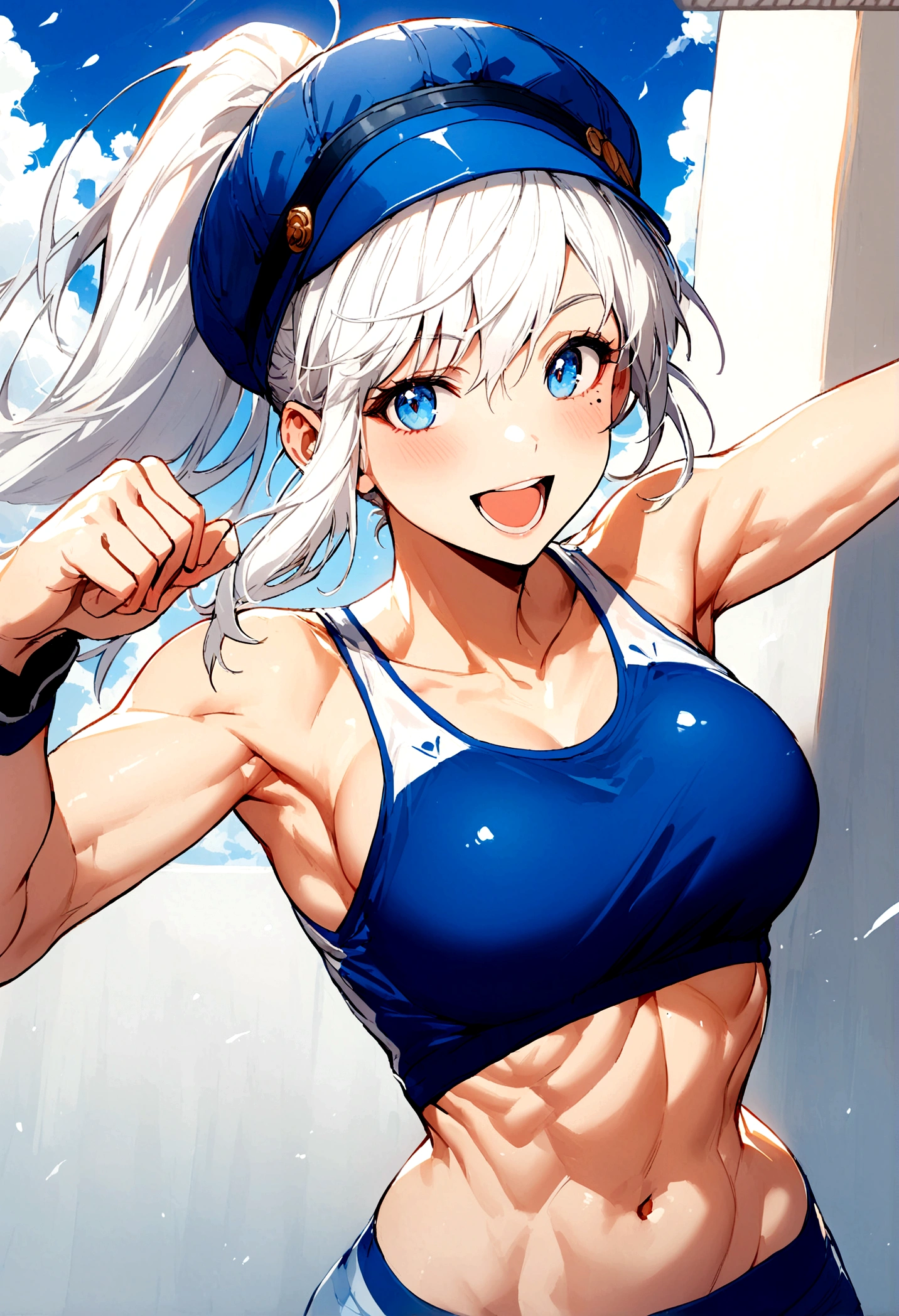Girl, white hair, blue eyes, ponytail the flares out, hat, mole next to left eye, mole next to right eye, blue sports shirt, happy and energetic, toned body