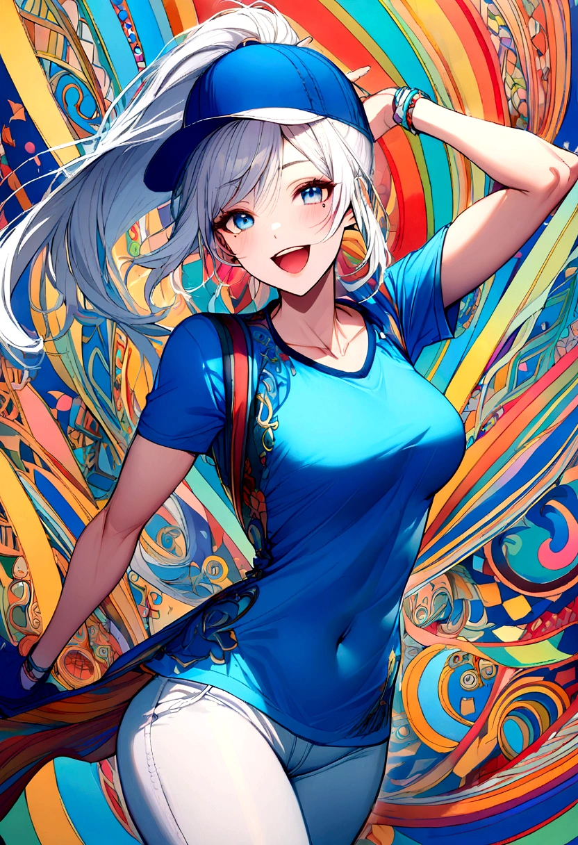 Girl, white hair, blue eyes, ponytail the flares out, hat, mole next to left eye, mole next to right eye, blue sports shirt, happy and energetic, toned body