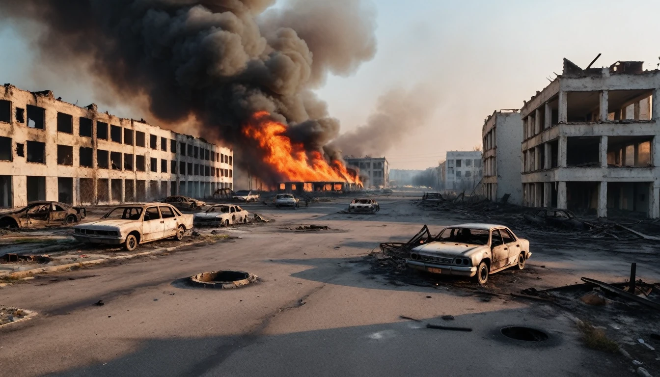 Urban landscape in ruins. The atmosphere is chaotic, there are several buildings destroyed, cars burned with fire, and several holes in the ground. The place looks like a war zone. But there is nobody, the place is deserted.