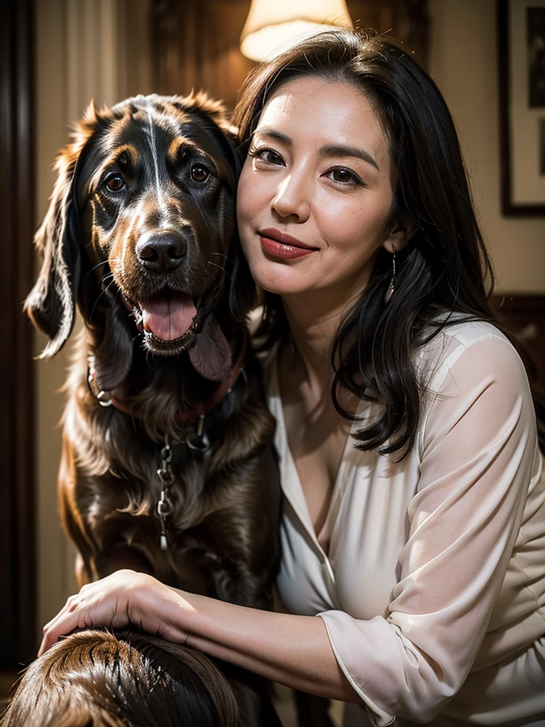 (masterpiece:1.4),((1 woman and 1 dog : 1.5)), (((portrait of mature woman and her big dog : 1.4))), (61-year-old woman:1.5), (Facial wrinkles : 1.2), Nasolabial folds, (looking at viewer : 1), (smirking : 1.3), pores, dull skin, skin blemishes, (long beautiful hair), large saggy breasts, plump body, (elegant lady), (classy formal dress), detailed backgrounds, (Old Western-style building), (dim atmosphere), gloomy, dark lighting, (dog's tongue), (petting a dog), (focus on woman's affection for her dog)