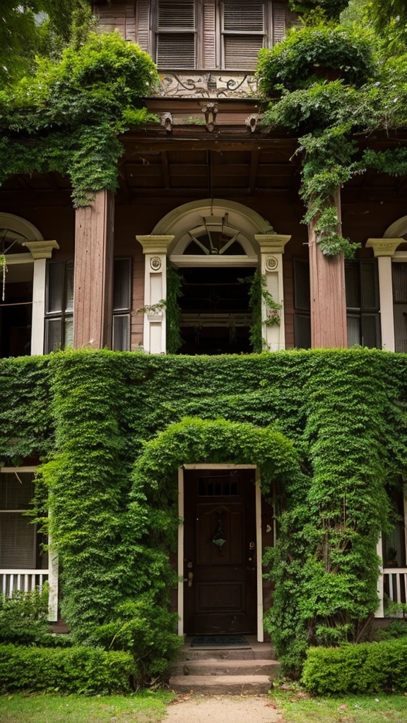 An old Western-style house covered in ivy. A haunted house with no people. Dark and beautiful.