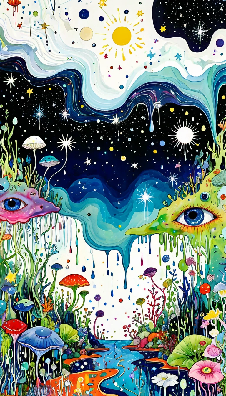 microorganism、plant、Marine Life、Tears dripping from my eyes、Starry Sky，Sewn into an abstract painting，Describing the inner world of autistic people，Sense of space，White space，Childish lines，Psychedelic Art