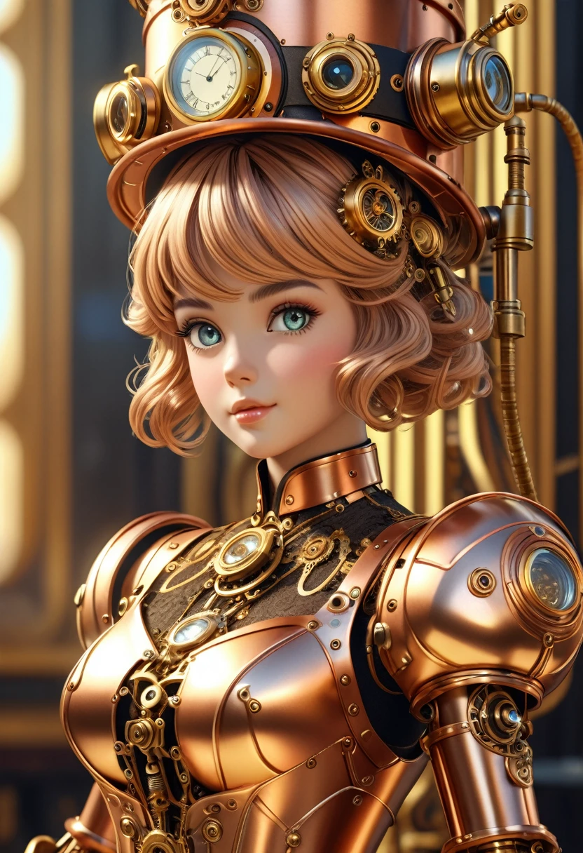 A steam punk style copper robot with a human like bronze face. female figure. Wearing wig of spun gold. Ultra HD, Rococo-Inspired Fantasy Art With Intricate Details. Cute. Charming Expression, looking at viewer Beautiful Eyes, An-Ideal-Figure. (8K High Resolution) (top-quality)