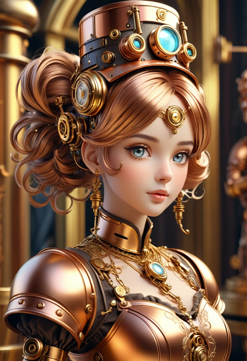 A steam punk style copper robot with a human like bronze face. female figure. Wearing wig of spun gold. Ultra HD, Rococo-Inspired Fantasy Art With Intricate Details. Cute. Charming Expression, looking at viewer Beautiful Eyes, An-Ideal-Figure. (8K High Resolution) (top-quality)
