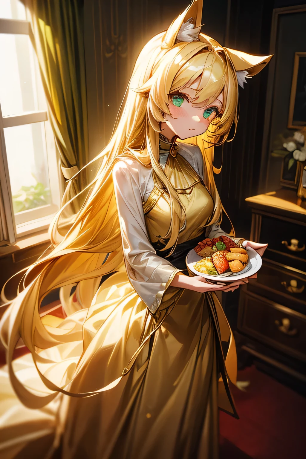 1girl, long golden hair,((indoors, kithen)) green eyes, emoteless face, dog ears, low ears, golden dress, perfect eyes, perfect quality, , slender body,, holding dish with food