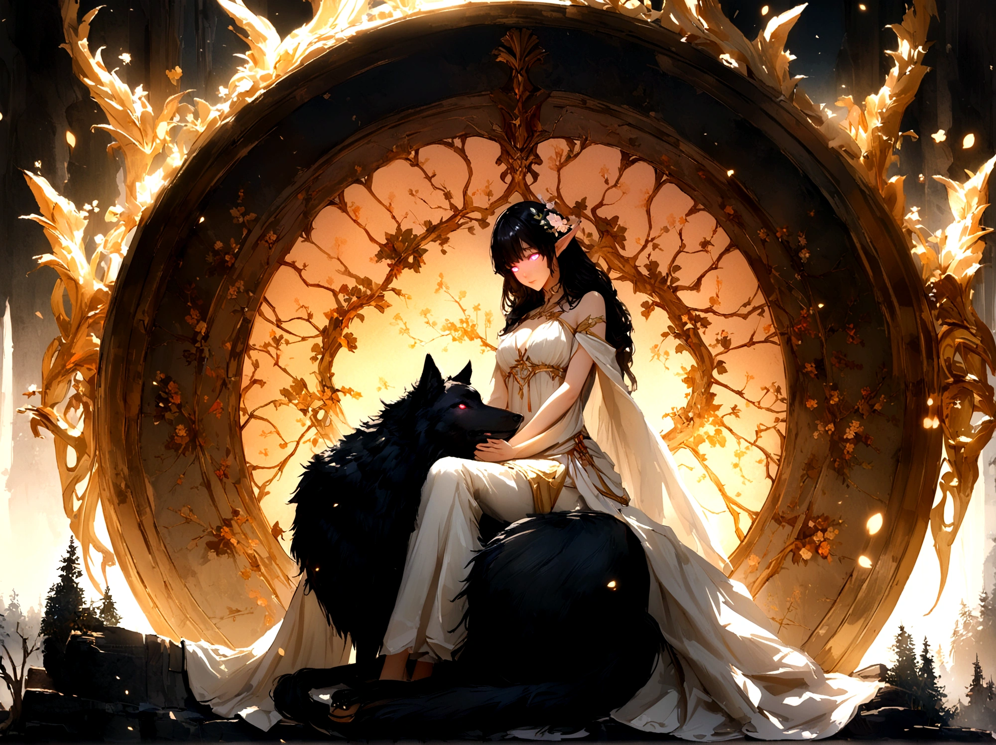 (Beautiful druid elf girl 1.3) hugging a big black wolf (Extremely detailed CG 8k unity wallpaper, work of art, best qualityer, ultra detali, beautiful detailed glowing eyes:1.2), better lighting, (best shade, extremely delicate and beautiful, blossom, iridescente), work of art, best qualityer:1.1, realisitic:1.3, cinematic lighting:1.2, on a sunbeam cliff:1.5, ultra photoreal, photorealisitic:1.0, sharp focus:1.1, Depth of field:1.1, 50mm, Hasselblad X1D II, Door 160