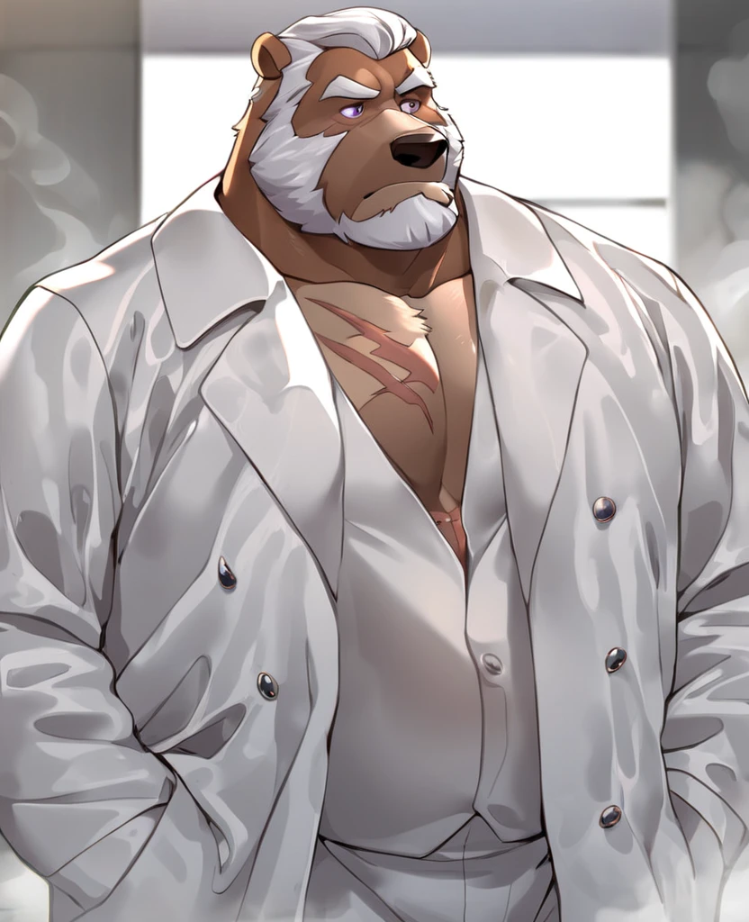 Grizzlies，personification，Mature male，Hercules，White hair，naked，Gentle expression，Purple pupils，gray eyebrows，Scars on face，White suit suit，Hands in pockets，The Age of Steam，Hospital Office。