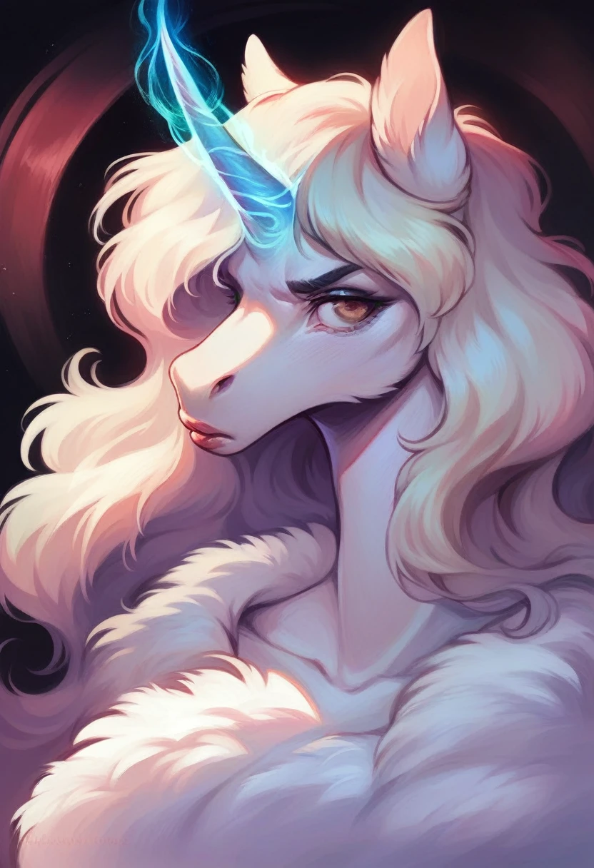 a photorealistic, detailed, highly realistic white unicorn girl, delicate waist, full breasts, wearing a white coat, long colorful horn, serious expression, hair covering eyes, detailed eyes,beautiful detailed lips,extremely detailed eyes and face,longeyelashes,highly intricate details,soft smooth skin,fluffy fur,dramatic lighting,vibrant colors,fantasy,magical