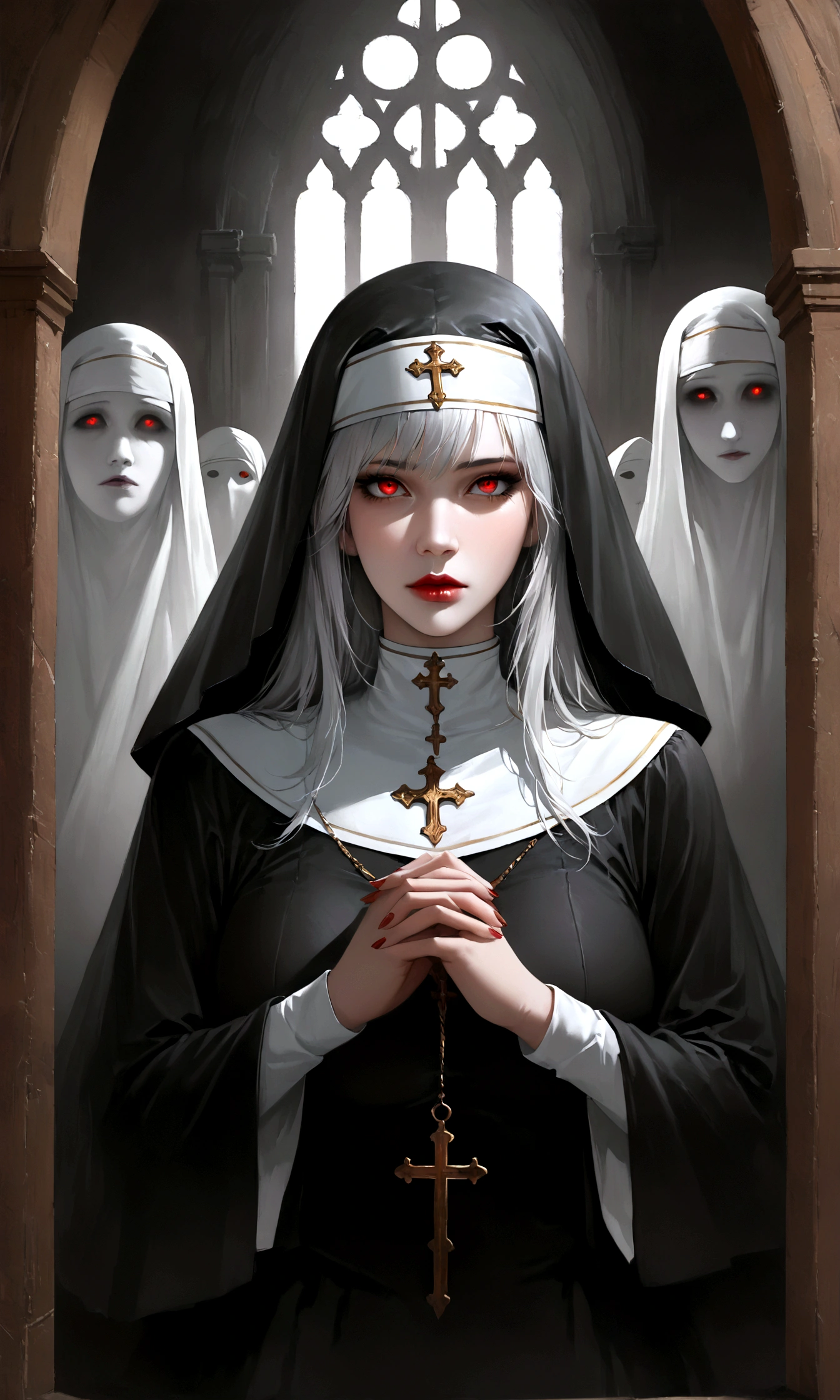 (high quality, Realistic, ultra detailed),blood nun,dark and gloomy atmosphere,old church with biblical windows,beautiful woman with piercing red eyes,1woman surrounded by ethereal spirits,eternal and deep darkness,penitent ghosts,group of humanoid spirits
