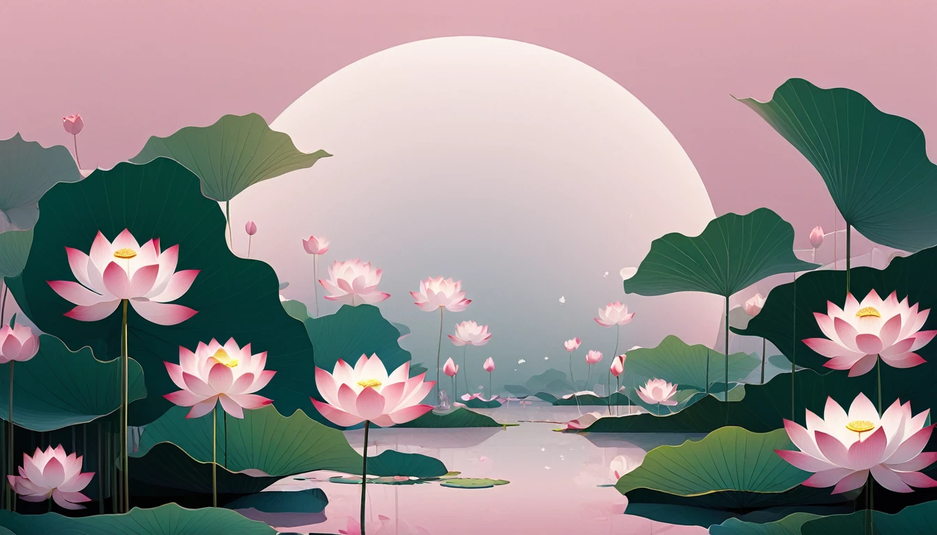 vector,Flat form,illustration,The Minimalists,数字艺术illustration,Pink hue,Abstract,artistic conception,Blooming,Lotus Pond,A lot of white space in the center of the screen;Huge lotus flowers。