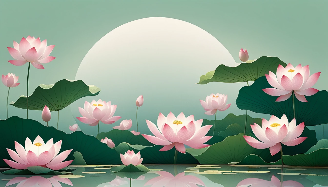 vector，Flat form，illustration，The Minimalists，数字艺术illustration，Pink hue，Abstract，artistic conception，Blooming，Lotus Pond，A lot of white space in the center of the screen；Huge lotus flowers。
