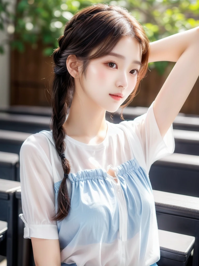 A man in a white shirt、Close-up of lady with ponytail, Braided hairstyle, Korean Girl, Young cute girl, Double ponytail hairstyle, Girl Cute - Delicate Face, Ulzan, Beautiful young Korean woman, Beautiful Korean woman, Cute young girl, Young and beautiful Korean woman, White Ji haircut, A lovely young woman,8K,masterpiece,RAW photos,best quality,Reality, intricate detail face,1 Girl,Korean,Detailed fabric texture,School,classroom,18 years old,Upper Body,(Show your armpits,Braids,Single ponytail:1.5),Looking at the camera,