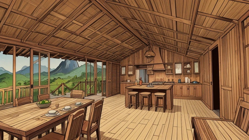 Cartoon style, interior view of a simple Vietnamese wooden hut, the background is a wide view of forest and mountains.
