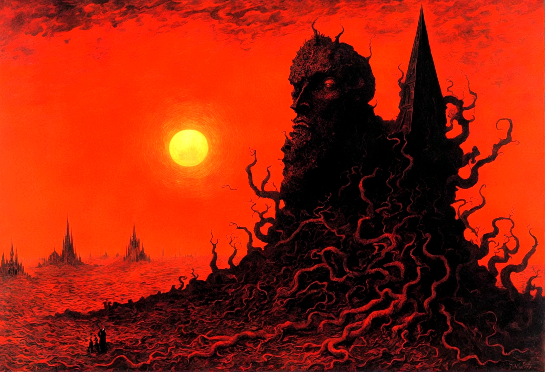 Mythical creatures, author:Zdzislaw Beksiński and Vincent Van Gogh, Album cover, romantic, Surrealism, Futuristic ,Satan, Coral, Wizard, Abstracted, dark, Red/Black, hell, landscape