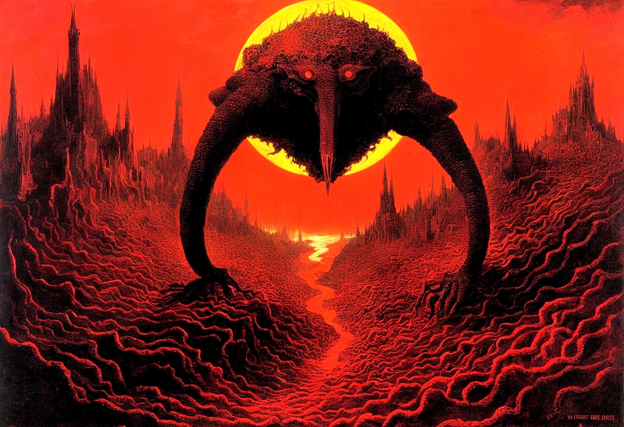 Mythical creatures, author:Zdzislaw Beksiński and Vincent Van Gogh, Album cover, romantic, Surrealism, Futuristic ,Satan, Coral, Wizard, Abstracted, dark, Red/Black, hell, landscape