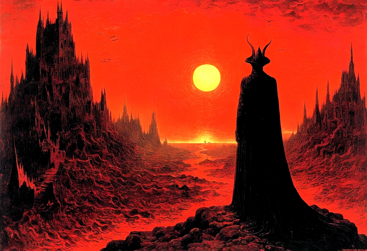 Mythical creatures, author:Zdzislaw Beksiński and Vincent Van Gogh, Album cover, romantic, Surrealism, Futuristic ,Satan, Coral, Wizard, Abstracted, dark, Red/Black, hell, landscape