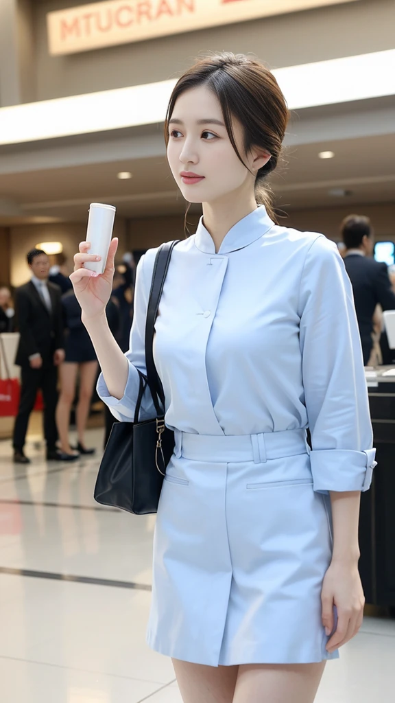 A beautiful Xinjiang girl,20 years old,Airline stewardess,Exquisite facial features,gentle,A faint smile,(Natural eyes:1.5),(Thin lips:1.2),穿着Airline stewardess服装,Hip skirt,High heel,Standing in the shopping mall lobby,Elegant charm,Mature