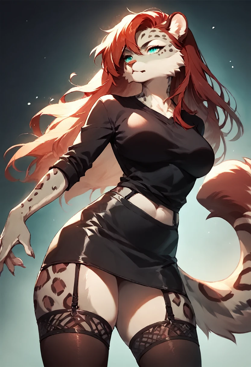 score_9, score_8_up, score_7_up, score_6_up, score_5_up, score_4_up, (solo), female anthro Snow leopard, black shirt, mini skirt, lusty, fluffy body, long dark red hair, turquoise eyes, (thick thighs:1.3) (she is standing) garter belt tights