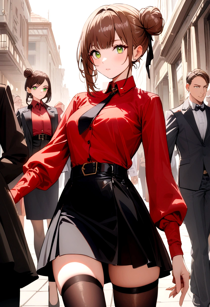 Girl, brown hair, green eyes, small side bun near top of head, skirt, thigh highs, refined eloquent modern day business, red shirt, belt