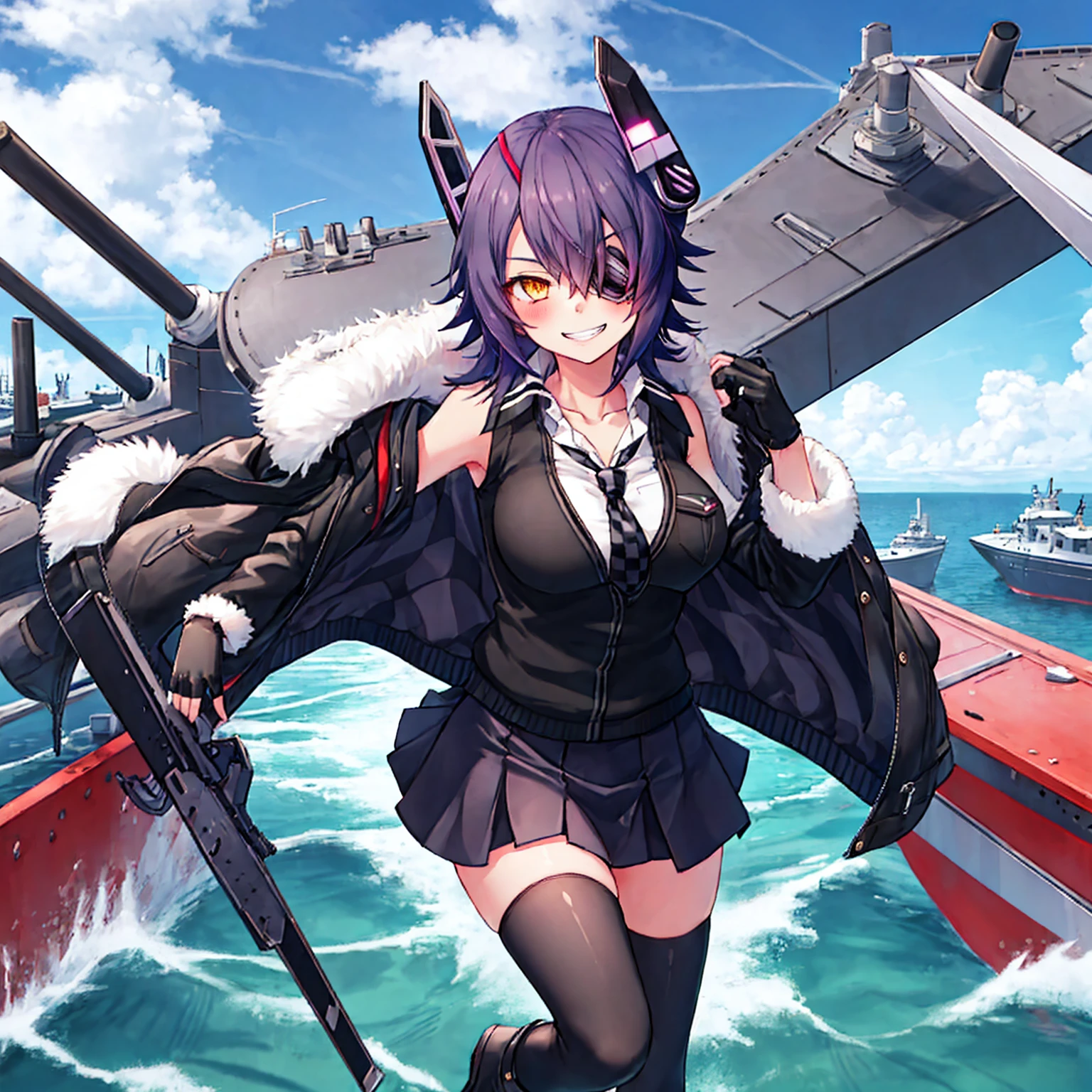 best quality, masterpiece, solo, {tenryuu_kantaicollection:1.}, teirl, eyepatch, short_hair, purple_hair, yellow_eyes, headgear, breasts, necktie, large_breasts, smile, 1girl, blush, checkered_necktie, hair_over_one_eye, shirt, collared_shirt, white_shirt, jacket, sleeveless, brown_eyes, fur-trimmed_jacket, fur_trim, collarbone, looking_at_viewer, pocket, breast_pocket, grin, black_jacket, messy_hair, black_gloves, gloves, partially_fingerless_gloves,harbor_town_background,short_skirt,thigh-highs,boots,sea,sunlight,