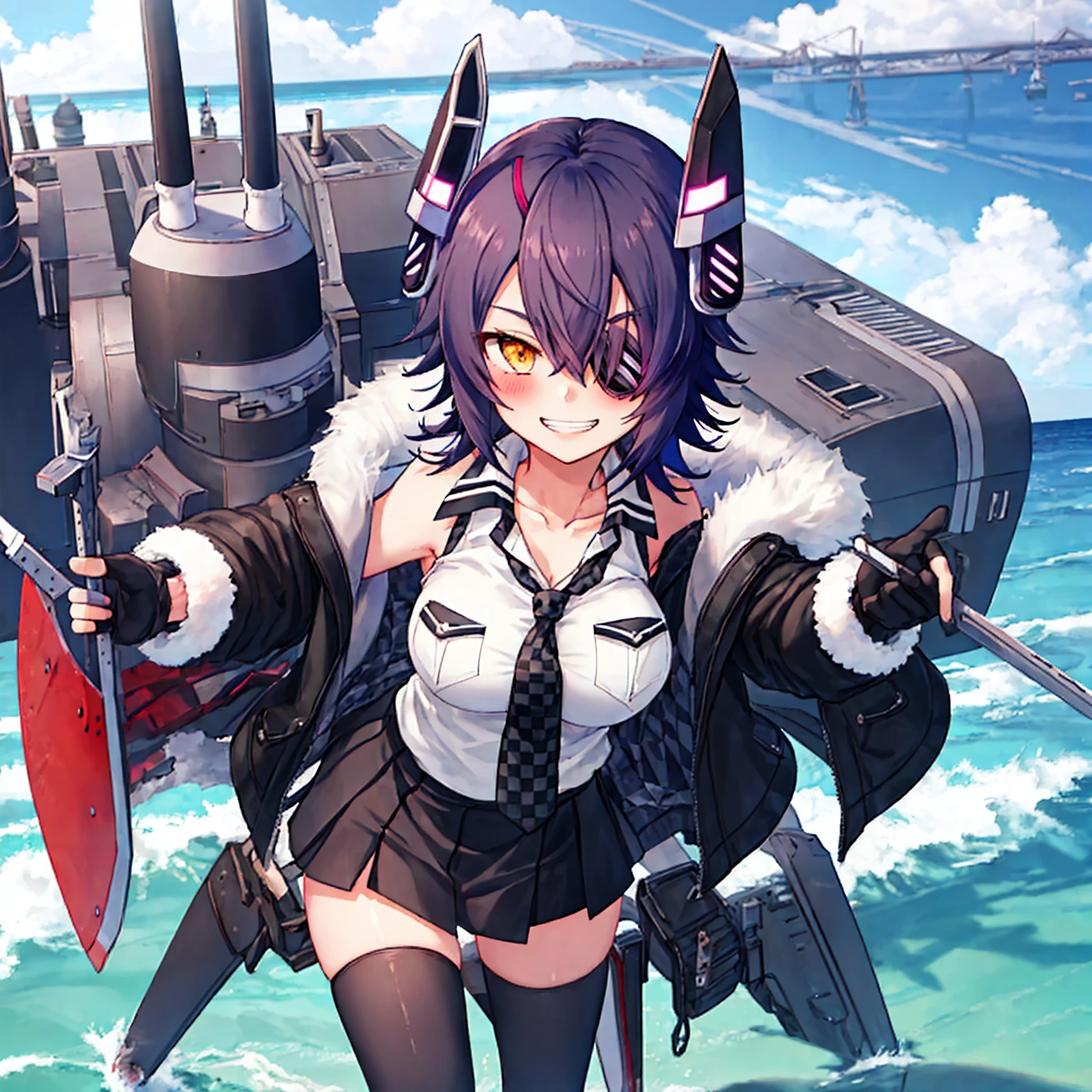 best quality, masterpiece, solo, {tenryuu_kantaicollection:1.15}, teen_girl, eyepatch, short_hair, purple_hair, yellow_eyes, headgear, breasts, necktie, large_breasts, smile, 1girl, blush, checkered_necktie, hair_over_one_eye, shirt, collared_shirt, white_shirt, jacket, sleeveless, brown_eyes, fur-trimmed_jacket, fur_trim, collarbone, looking_at_viewer, pocket, breast_pocket, grin, black_jacket, messy_hair, black_gloves, gloves, partially_fingerless_gloves,harbor_town_background,short_skirt,thigh-highs,boots,sea,sunlight,