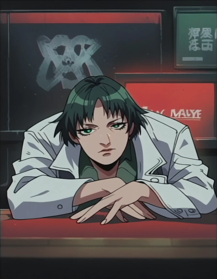 (best quality:1.2), lady (from devil may cry 5:1.1), perfect face, white jacket, black pants, green eyes, lying on the table, in a dark agency background, devil may cry red sign , night, alone, dark wall
