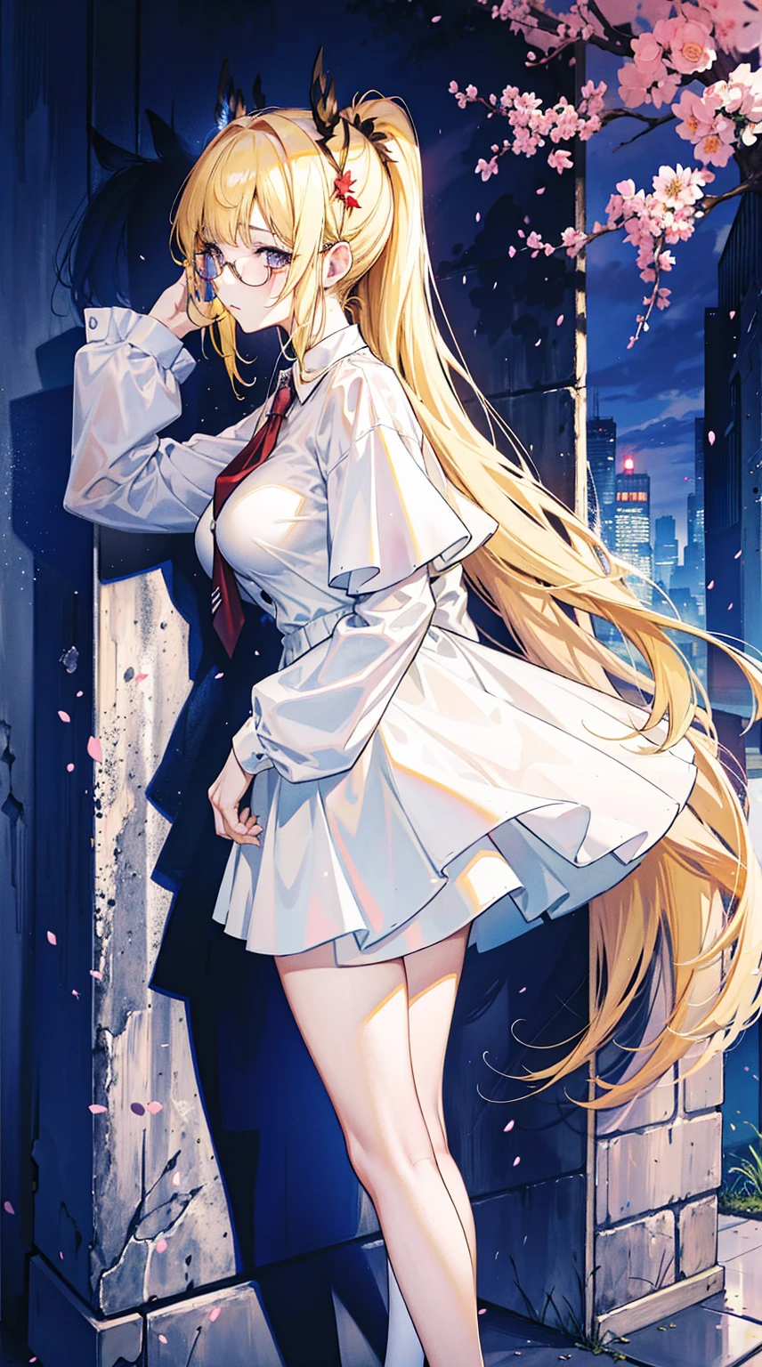 Young and beautiful Kathryn Newton, Glasses, White dress shirt, Very deep neckline, Black Mini Dress, Dark pantyhose, Surreal, 14 years old, Model figure, Large Breasts, Beautiful breasts, Big Ass, Long hair, Ponytail, Blonde hair, Long legs, 8K, futuristic city, Cherry blossoms, sunrise, LED lighting, Anime style, ((Leaning against the wall,Sideways posture))