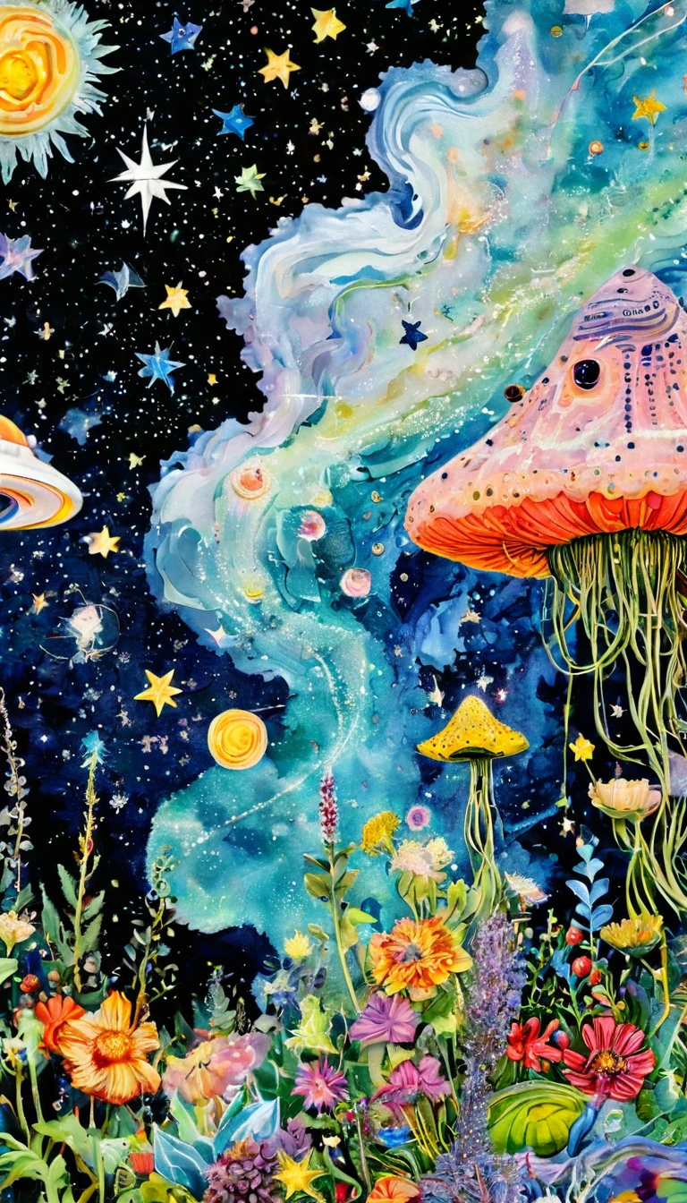 microorganism、plant、Marine life、1Stars dripping from the one eye、Starry Sky,Stitched into an abstract painting,Describing the inner world of autistic people,Sense of space,White Space,Childish lines,Psychedelic Art
