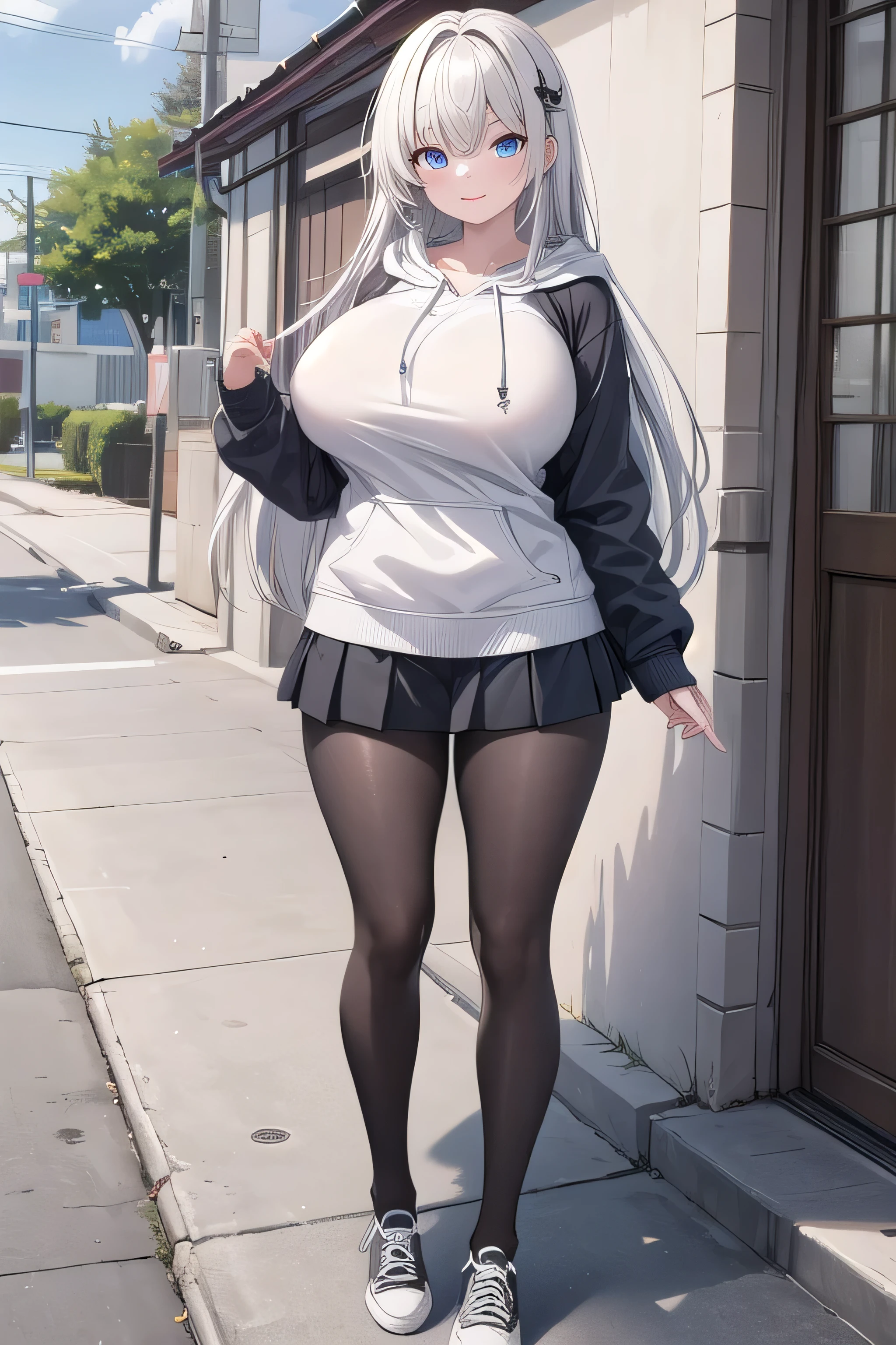 (Best quality, masterpiece, detailed), (RAW, 4k, hd images), 1 girl, 15 years old, white skin, long hair, random style hair, layers hair, bangs hair, beautiful girl, cute girl, sweet girl, pretty girl, perfect girl, perfect body, pretty eyes, blue eyes, thin lips, (eye line, lip soft),huge, big breasts , outdoors, smile, thigh, legs, hoodie, skirt, random shoes, pantyhose, sexy, standing, photo on middle fancing camera, full body,