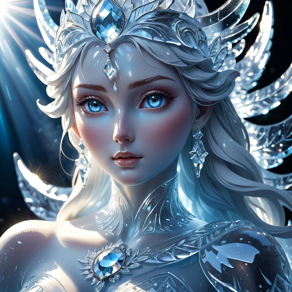 A statue made of ice,A very beautiful ice statue of a goddess, Transparent ice,illuminated by sunlight and reflected divinely,(((masterpiece))), (((best quality))), ((ultra-detailed)), (illustration), (detailed light),((an extremely delicate and beautiful)),(beautiful detailed eyes),