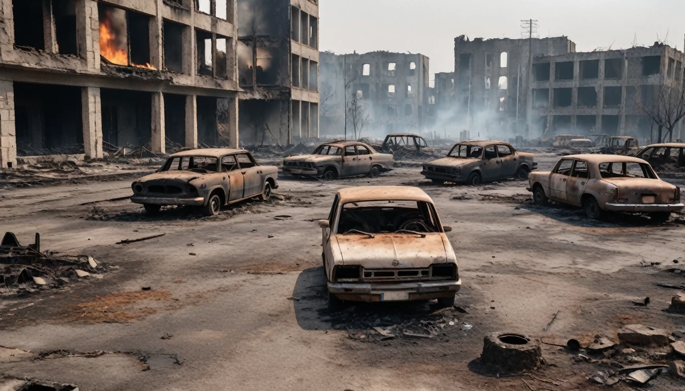 Urban landscape in ruins. The atmosphere is chaotic, there are several buildings destroyed, cars burned, and several holes in the ground. There are several fires. The place looks like a war zone. But there is no one, the place is deserted.