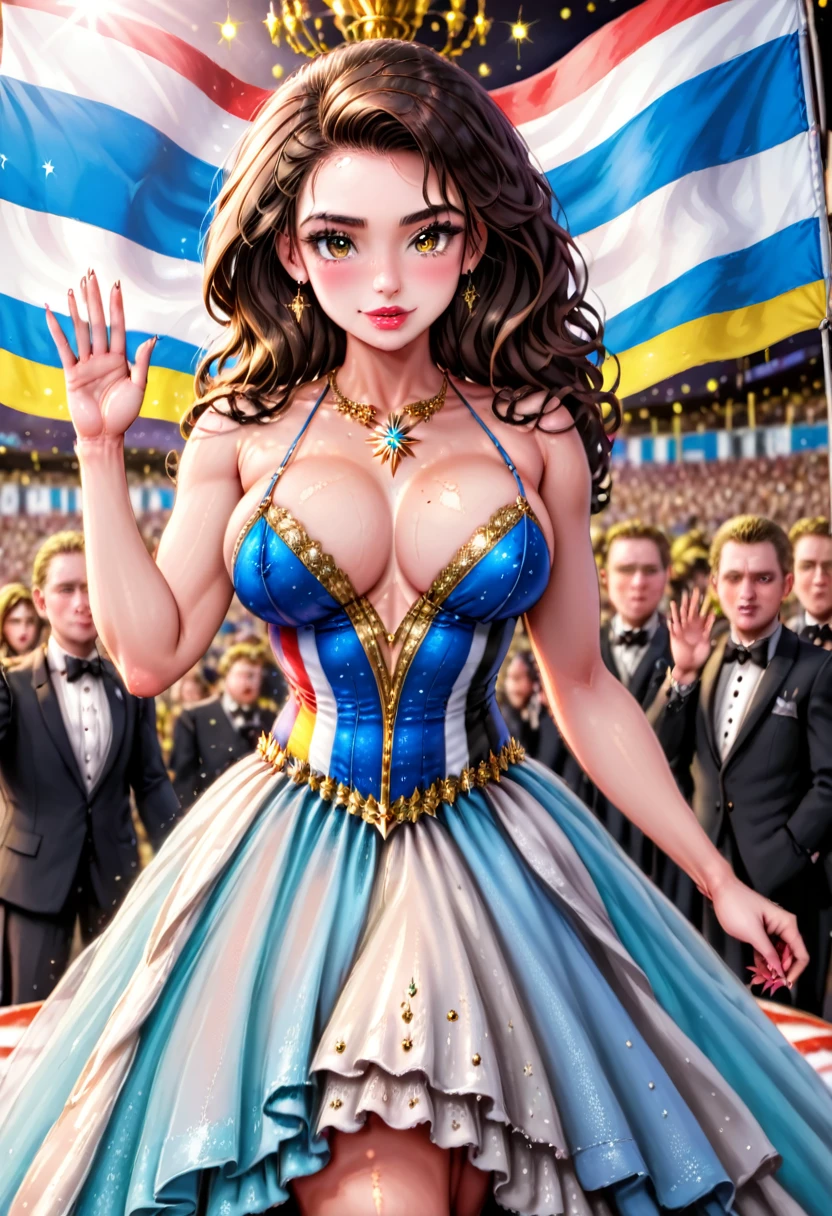 a woman. celebrating Argentina national day obelisk in the background, intricate and detailed portrait, highly realistic, cinematic lighting, vivid colors, 8k, HDR, photorealistic, dramatic pose, elegant dress, waving Argentine flag, patriotic expression, warm golden tones, soft depth field,