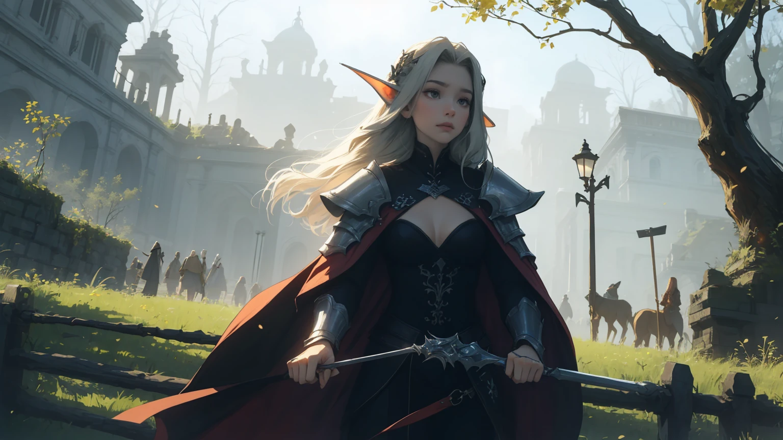 Paladin-Dame in reich verzierter goldener Rüstung, schwarzer Kragen, Schulterstücke, Brustplatte, corset, leuchtender Heiligenschein, einzelner Zopf, blonde, gelb leuchtende Augen, Kluge Schüler, Augenfokus, roter Umhang, Tempel im Innenbereich, Buntglasfenster, Nacht, Mondlicht, Partikel, Lichtstrahl, Chromatische Abweichung, 1 женщина взрослая, женский фокус, Create an enchanting artwork inspired by Lineage 2, featuring a female Dark Elf assassin, known as a Phantom Assassin. The scene should capture her elegance and deadly prowess, emphasizing the unique aesthetic of Lineage 2. She should have sharp, elven features, with long, flowing silver hair, piercing blue eyes, and pointed ears. Her attire should be a blend of dark, sleek armor and mystical elements, adorned with intricate designs and glowing runes. She is in a dynamic, action-oriented pose, holding dual daggers with an ethereal glow. The background should be a dark, mystical forest or an ancient, ruined temple, with a moonlit sky casting an eerie glow. The overall style should reflect the detailed, fantasy-rich art of Lineage 2, with vibrant colors, dramatic lighting, and a sense of magical realism.、Разрешение 8К、сложные детали、Тонированная талия、Широкие ягодицы、Эффект Тиндаллаmasuter piece、высшее качество、Высочайшие стандарты、Высочайшее качество изображения、стол、сложные детали、высокое разрешение、Глубина поля、естественный мягкий свет、профессиональное освещение、О, стоя, very длинные волосы, ковбойский выстрел, блестящий, блестящий hair, (ночь:1.2),мечтательный, [[нежные пальцы и руки:0.55]::0.85],(детальные пальцы),),(эмоциональный),(захватывающий),(основная часть:1.2) все тело.), (Anime Style), (Super Detailed), (Brutal), (UHD, HDR), (8K), (High Resolution: 1.2), (Complex and Beautiful: 1.2)
