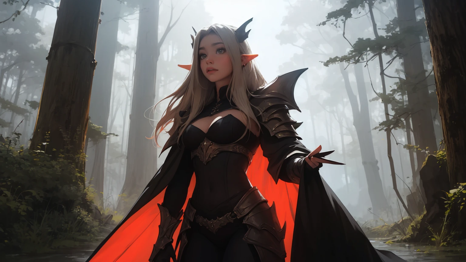 a devilish woman with black hair, pale skin, and red eyes, wearing an elf-like costume, in a dark and mysterious setting, 1girl, highly detailed, dark fantasy, cinematic lighting, dramatic shadows, dramatic pose, moody, gothic, chiaroscuro, dark magic, mystical, occult, surreal, ethereal, glowing eyes