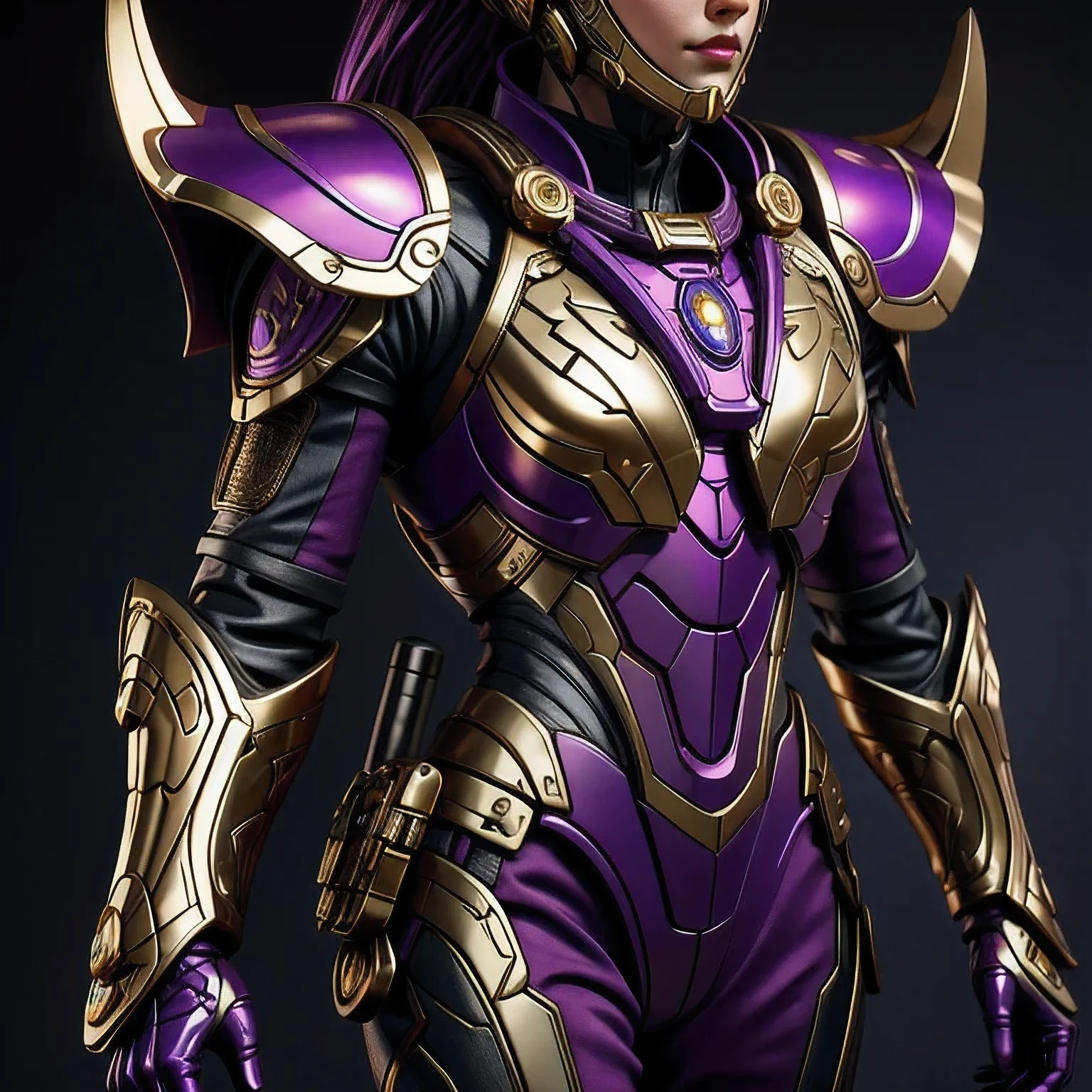 Close up of purple and gold toys, Super detailed fantasy characters, Science Fiction Characters render, detailed humanoid, Star Pathfinder Characters, Science Fiction Characters, Science Fiction Characters, humanoid character, very detailed character, Color Rendering, 3D Rendering Character Art 8K, Alien Armor, safi'jiiva armor, Marmoset Rendering