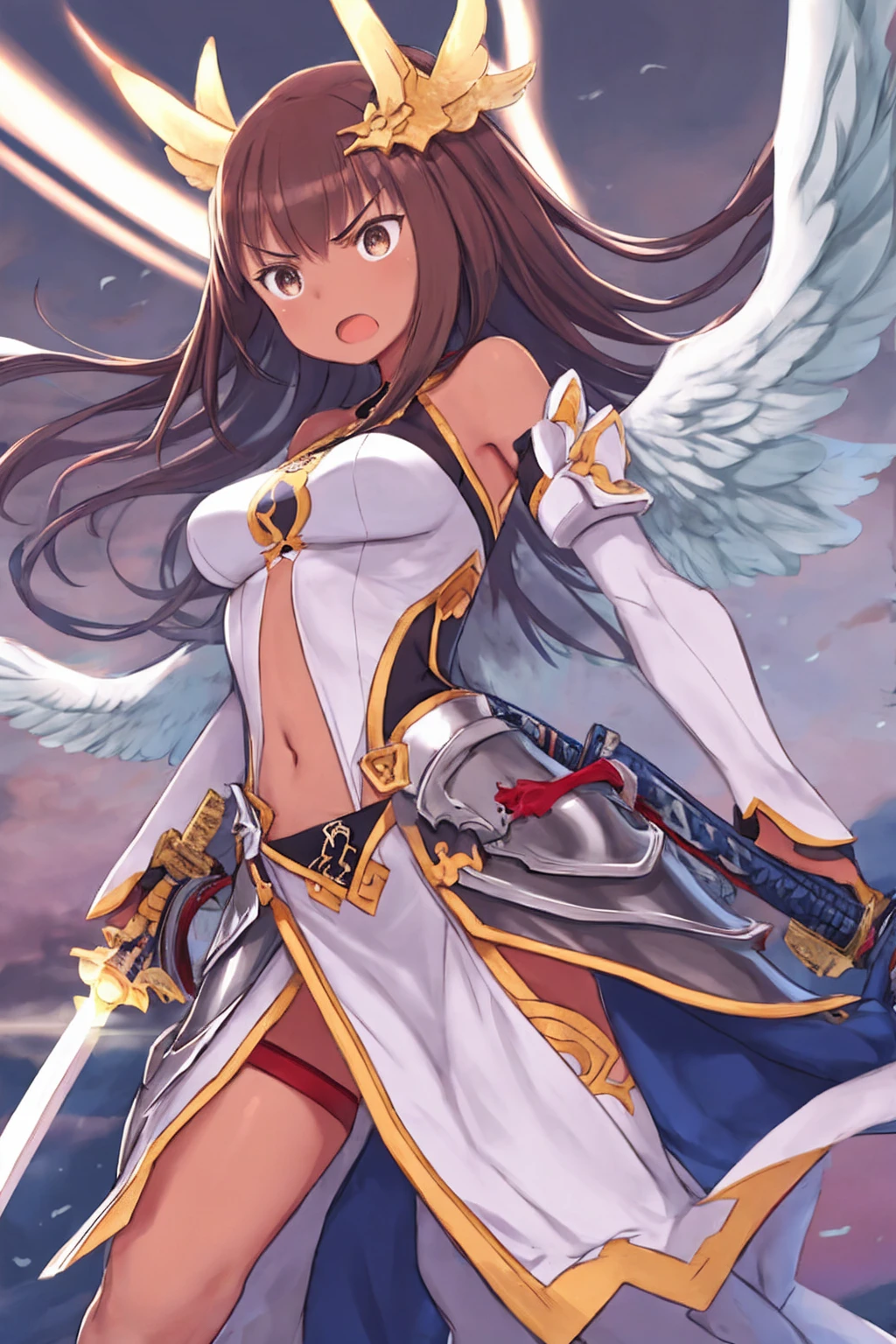 fantasy, 1angel_girl, low_, dark_brown_hair,long_bangs, (dark_skin)+, bare_shoulder, navel out, thighhighs,silver_shiny_armor, white_clothes,waist_armor, Glebe, hold_swords_emits_light, medium_breasts, dynamic_flying_pose,Floating, (1pair_white_wings:1.2),(pelvic_curtain:1.3), silver_Headgear ,looking_down_at_sunset_city_sky_background,,slightly_spread_legs, some_swords_emits_light,some_swords_emits_light_floating_around_the_girl,solo,glare_halo,angry,shout,open_mouth,open_legs,open_arms,rise_knee,rise_leg,rise_thigh,rise_leg,forward_leaning_posture,apart_legs,
