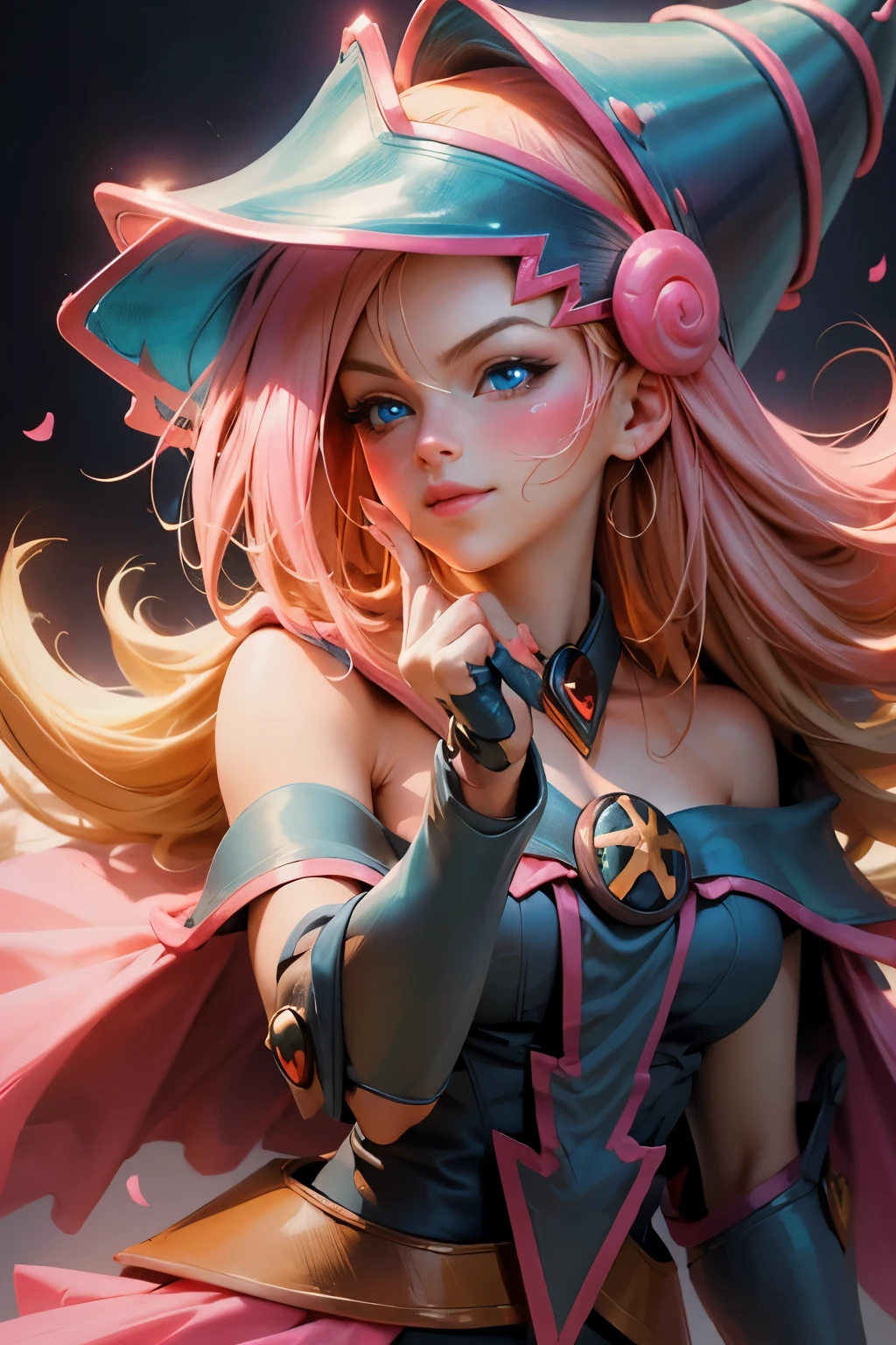 Beautiful face of dark wizard gils., blue eyes. pink lips. long blonde hair. exposed shoulders, angelic smile, beautiful well detailed face of the dark wizards gils. blowing a kiss. and winking. She is flirtatious with the viewer..